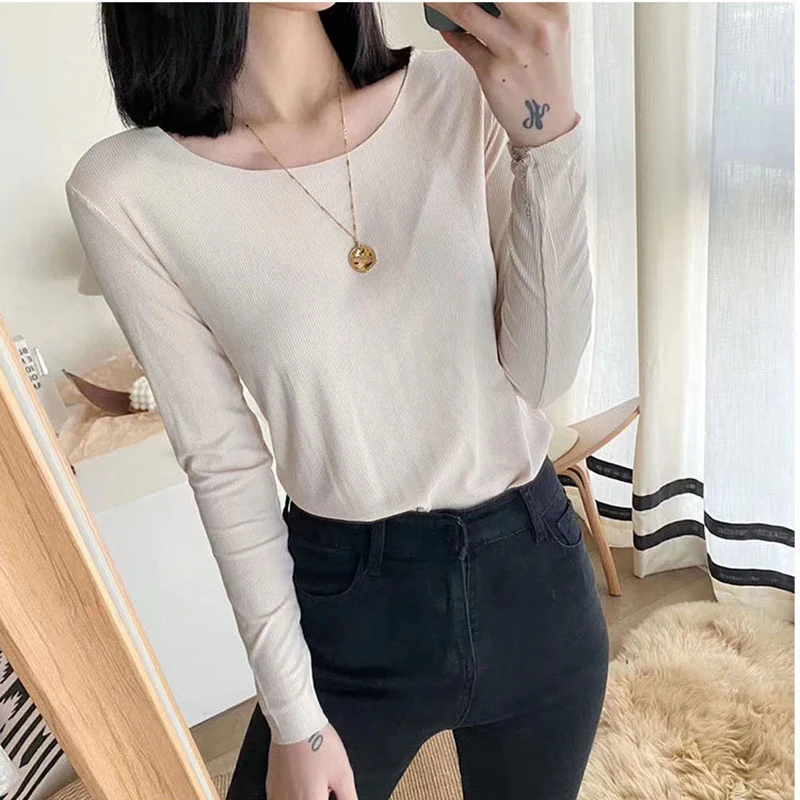 Женская хлопковая футболка однотонная эластичная повседневная с длинным