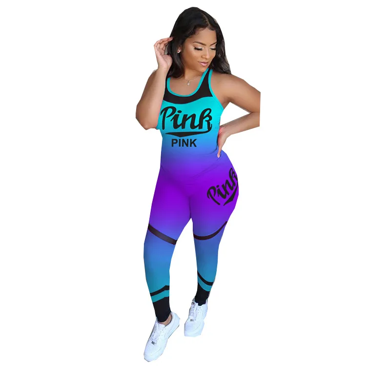 

Tie Dye 2020 Causal Two Piece Set Women PINK Letter Print Sleeveless Crop Top Leggings Pants Suit Gradient Color Female Outfits