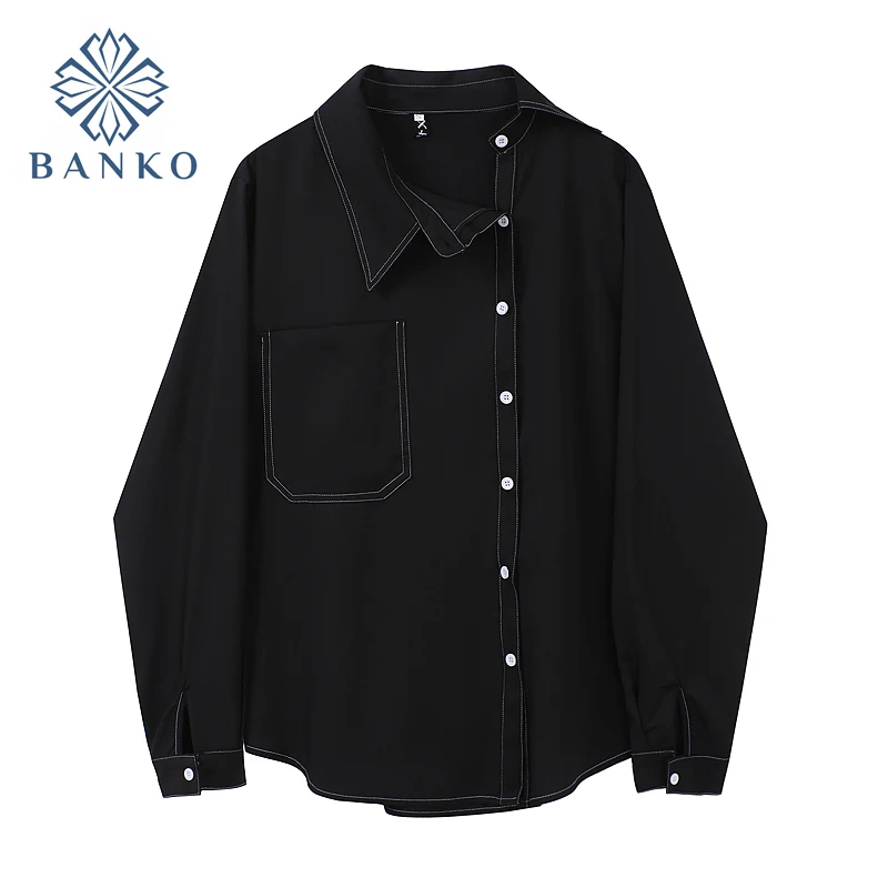 

Women Chic Blouses Office Lady Long Sleeve Loose Tops Black Shirts 2021 Spring Autumn New Korean Fashion Asymmetric Blusas Mujer