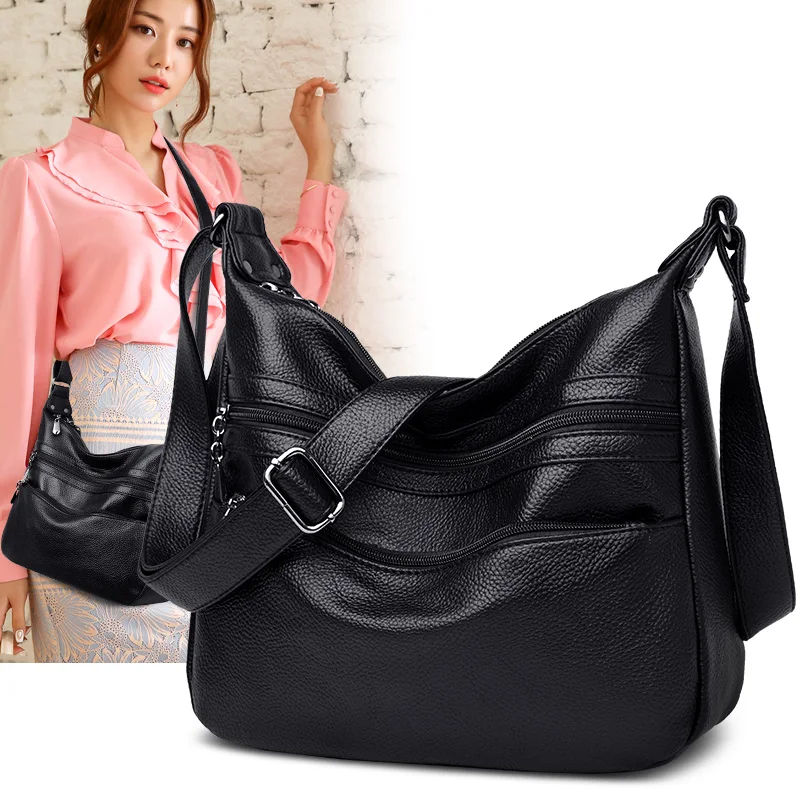 

High Quality Solid Color Soft Pu Leather Shoulder Bags for Women 2021 Multiple Zippers Classic Luxury Designer Crossbody Bag