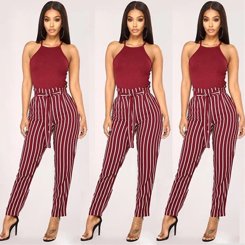 

2021 Summer New European And American Fashion Striped Pants Ankle Length Office Lady Sashes Bow High Waist Female Pants