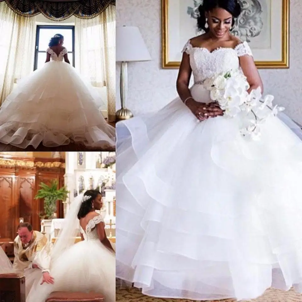 

African Tiered Ruffles Ball Gown Wedding Dresses New Sweetheart Wed Gowns With Beading Belt Sweep Train Bridal Gowns Cap Sleeves