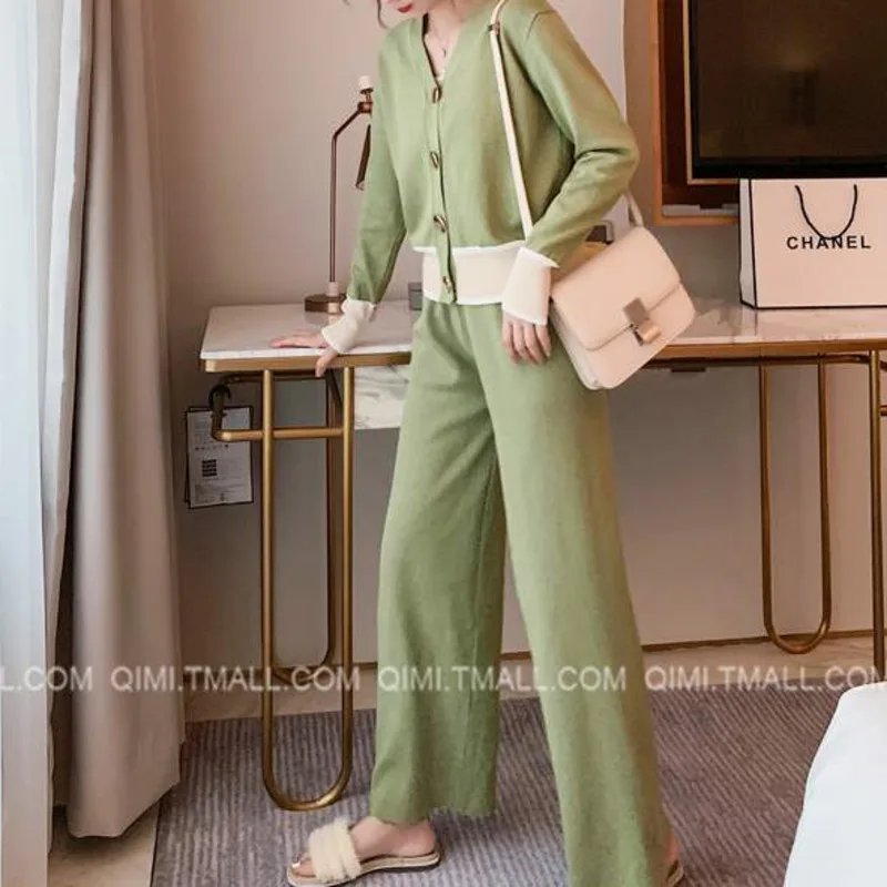 

2021 Spring Autumn College Style Knitted Two Piece Sets Womens Outfits Vintage Long Sleeve Top Cardigan Sweater + Wide Leg Pants