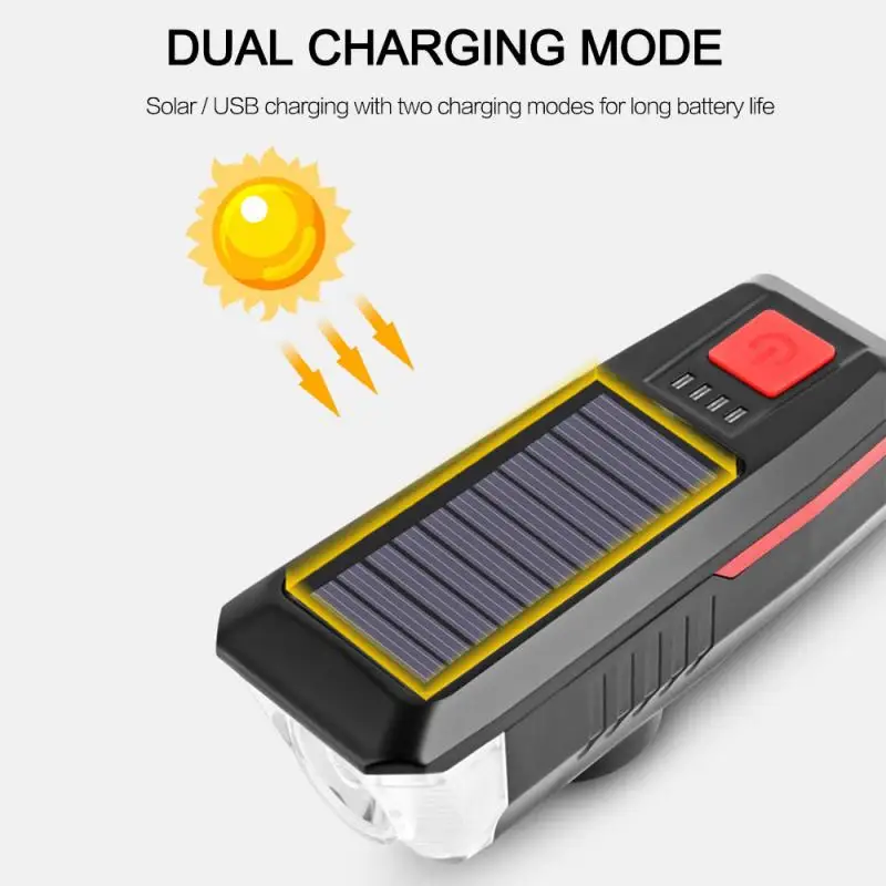 HOT!!! New Solar USB Rechargeable Double Charging Cycling Light Waterproof Bike Front + Horn Outdoor Bicycle Headlight | Спорт и