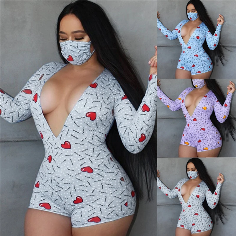 

Spring Autumn Womens Sexy V Neck Long Sleeve Bodycon Casual Love Heart Print Button Jumpsuit Shorts Romper Face Cover Bodysuit