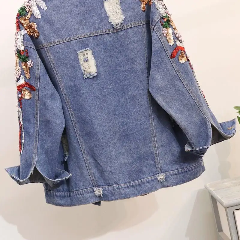 Korean Beading Sequin Denim Jacket Coat Women Outwear Spring Autumn Jeans Loose Basic Vintage Jackets | Женская одежда