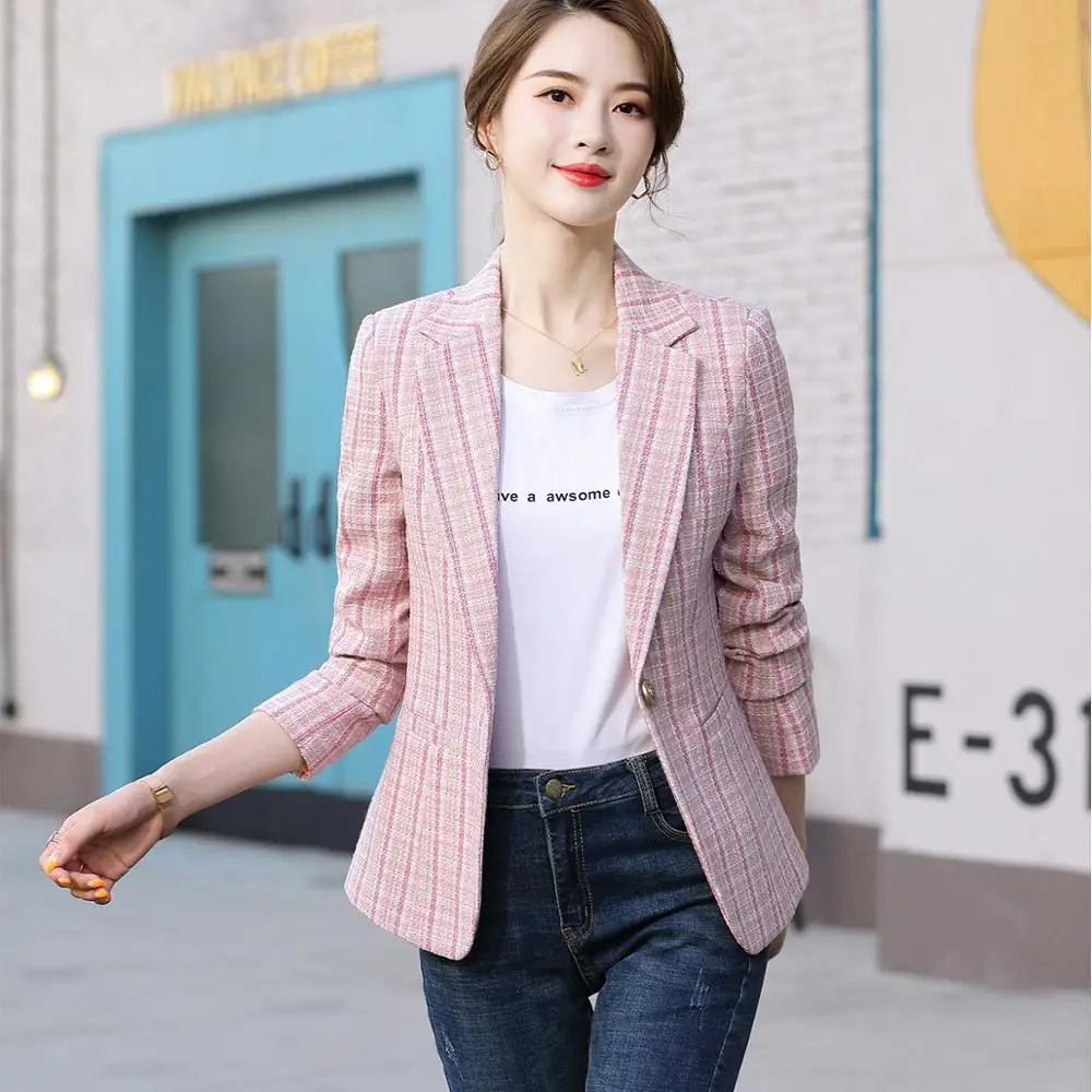 Woman Pink Apricot Plaid Blazer Autumn Winter Outwear Casual Jackets Female Slim Single Button Coat For Girl S-4XL | Женская одежда