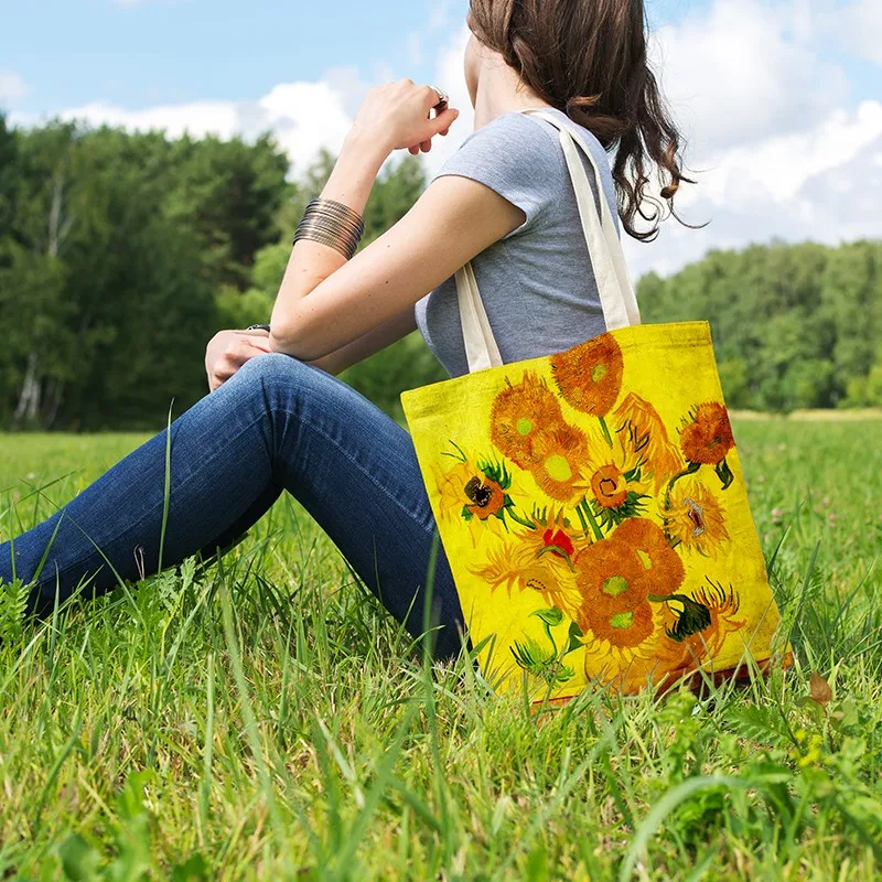 

Fashion Van Gogh Shopping Bag Sunflower Oil Painting Graphic Shoulder Bag Women Eco Large Capacity Canvas Shopping Bag