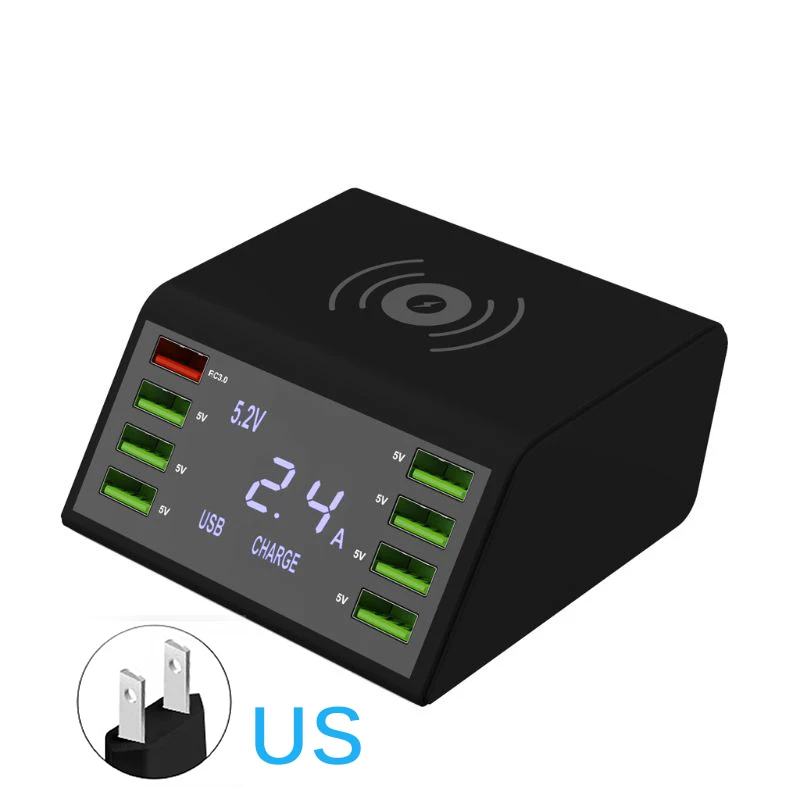 US plug 60 Вт USB Quick Зарядное устройство 8-Порты и разъёмы светодиодный Дисплей Быстрая зарядка 3,0 быстрая Зарядное устройство рабочего стола 10 Вт Беспроводная зарядная станция зарядка через usb паяльная станция - Тип штекера: US plug