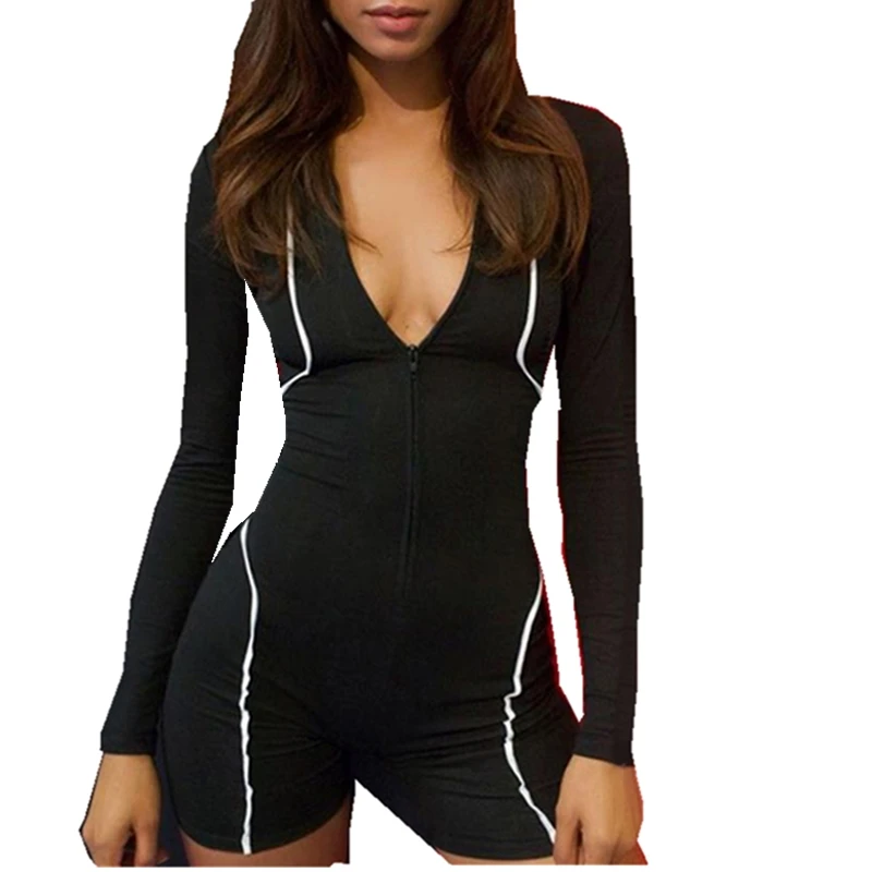 

Women Fashion Reflective Playsuit Jumpsuit Long Sleeve Patchwork Zip Bodycon Skinny Club Sexy Sport Fitness Bodysuit Streetwear