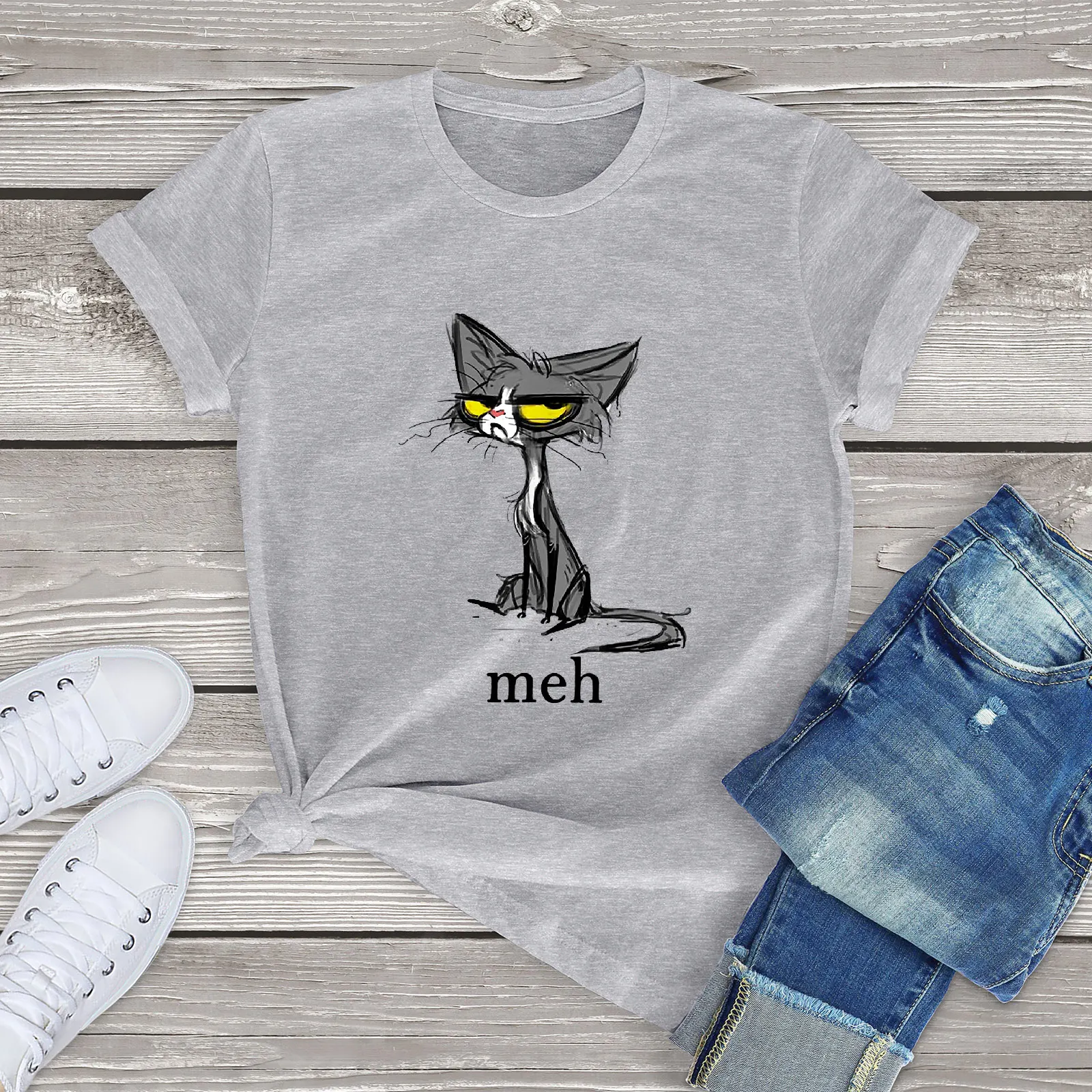 JKLPOLQ Летняя женская футболка Meh сиамский Кот подарок для влюбленных кошки ретро с