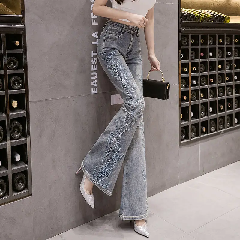

2021 Spring Women Casual Loose Jeans Lady Embroidery High Waist Denim Pants Trousers Female Flared Wide Leg Pant F978