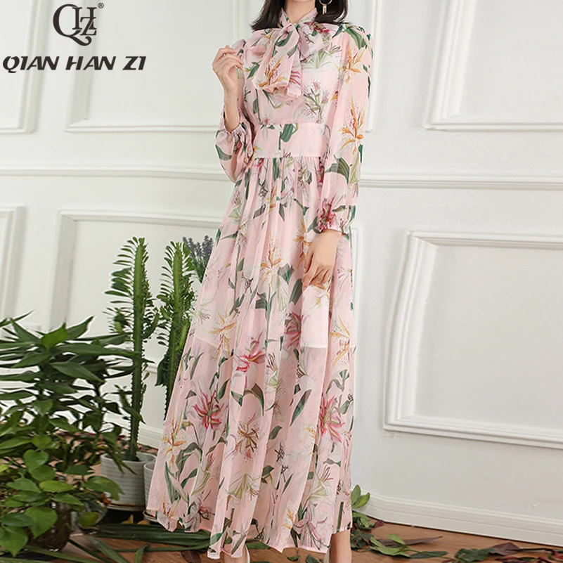 Qian Han Zi 2020 brand designer fashion Runway Maxi dress Women's Bow Collar Elegant Lily Print Pink Long Casual Beach Dress