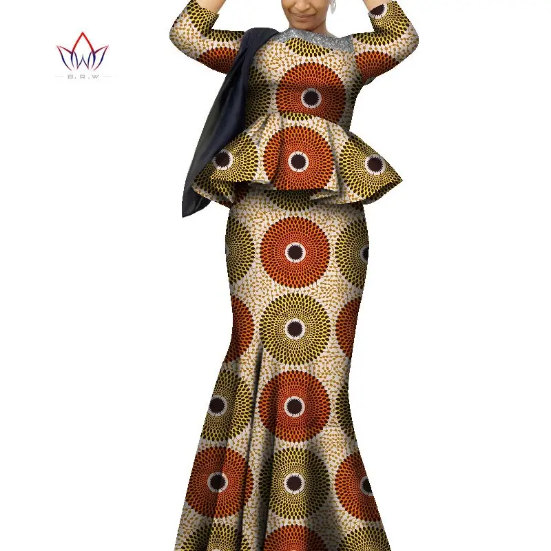 African Traditional Wear for Women Full Sleeve Wholesale 2 PCS Long Skirt Suit Frills Ankara Elegant Outfit For Women WY8515