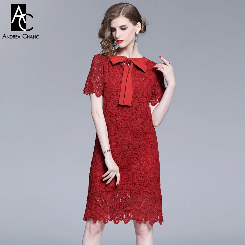 Женское платье с воротником стойкой и ленточным бантом темно Красное Кружевное