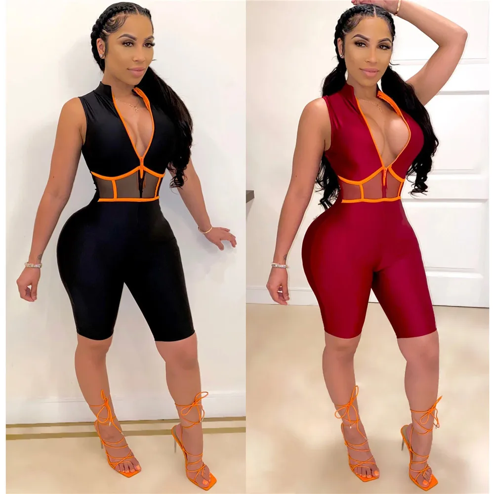 Сетчатые Лоскутные повседневные Комбинезоны женские на молнии с v образным