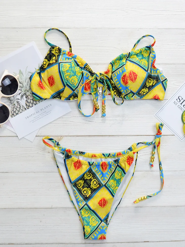 

Women Swimwear Sexy Triangle Bikini Two Pieces High Cut Push Up Print Swimming Bathing Suit Female Swimsuit 6026