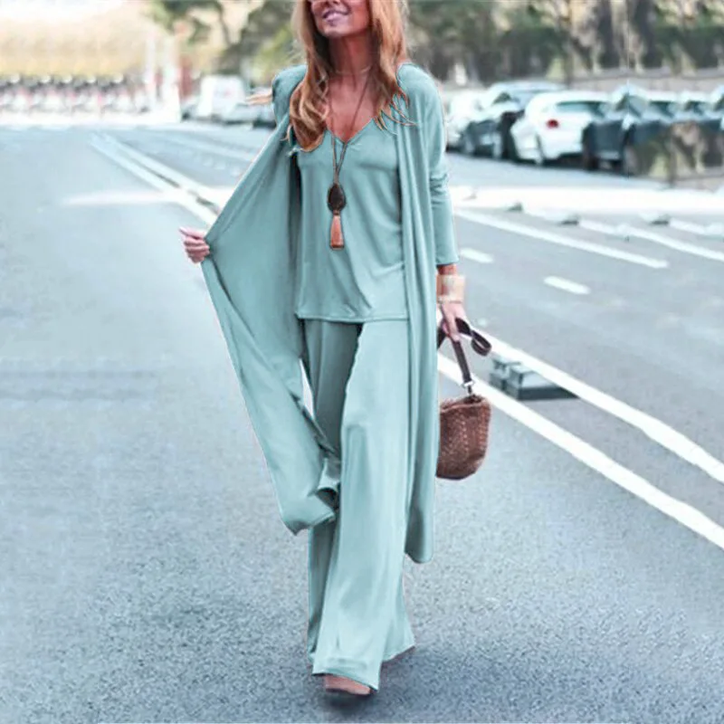 

Женский брючный костюм из трех предметов, повседневный элегантный кардиган на бретельках с V-образным вырезом и длинными широкими штанинам...