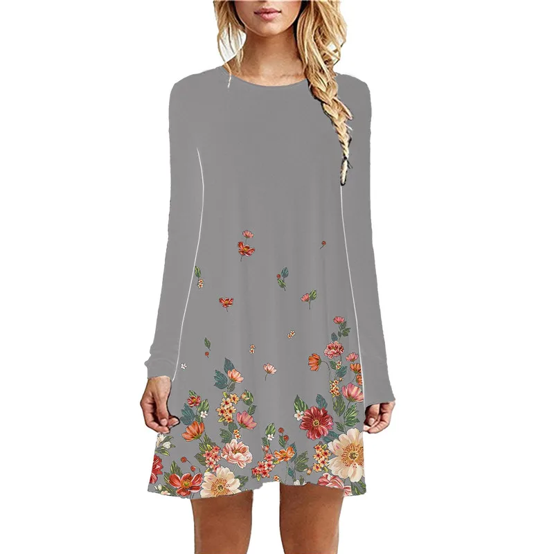 

Новинка 2021, осенне-зимние мини-платья, женское платье с цветочным принтом, свободное Повседневное платье с длинным рукавом и круглым вырезо...