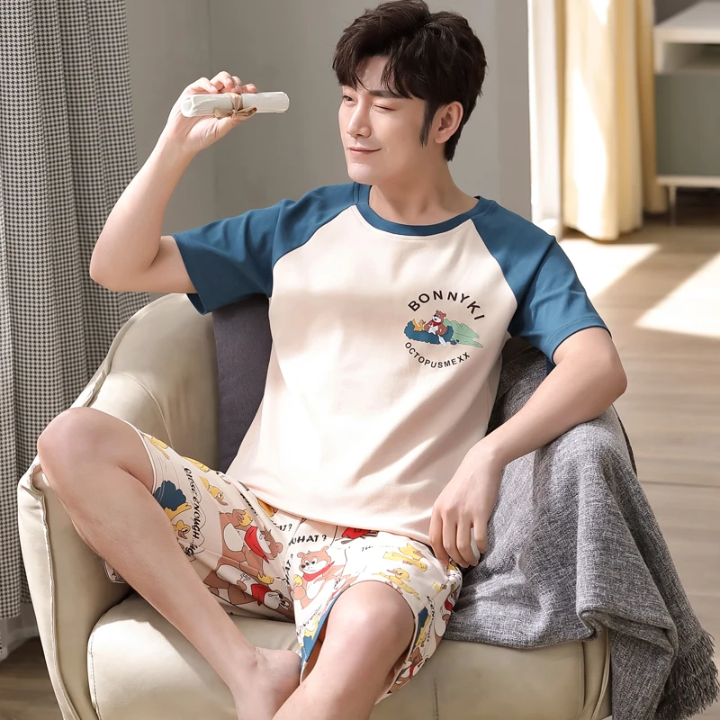 NANJIREN Mens Pajamas Set Summer Home Casual Short Sleeves O-NECK Shirt Shorts Pajamas Set for Men Cartoon Sleepwear Set