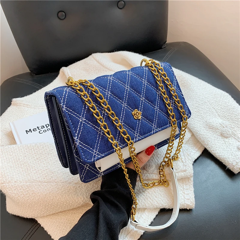 

Burminsa Denim Quilted Chain Shoulder Crossbody Bags For Women Brand Designer Flower Luxury Jean Ladies Purses And Handbags 2021