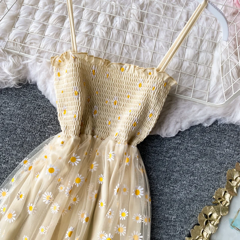 

SINGRAIN Women daisy Print Dresses Summer Sexy Lace Mesh Dress Spaghetti Strap Ruched Floral Vestidos Korean Style Long Dress
