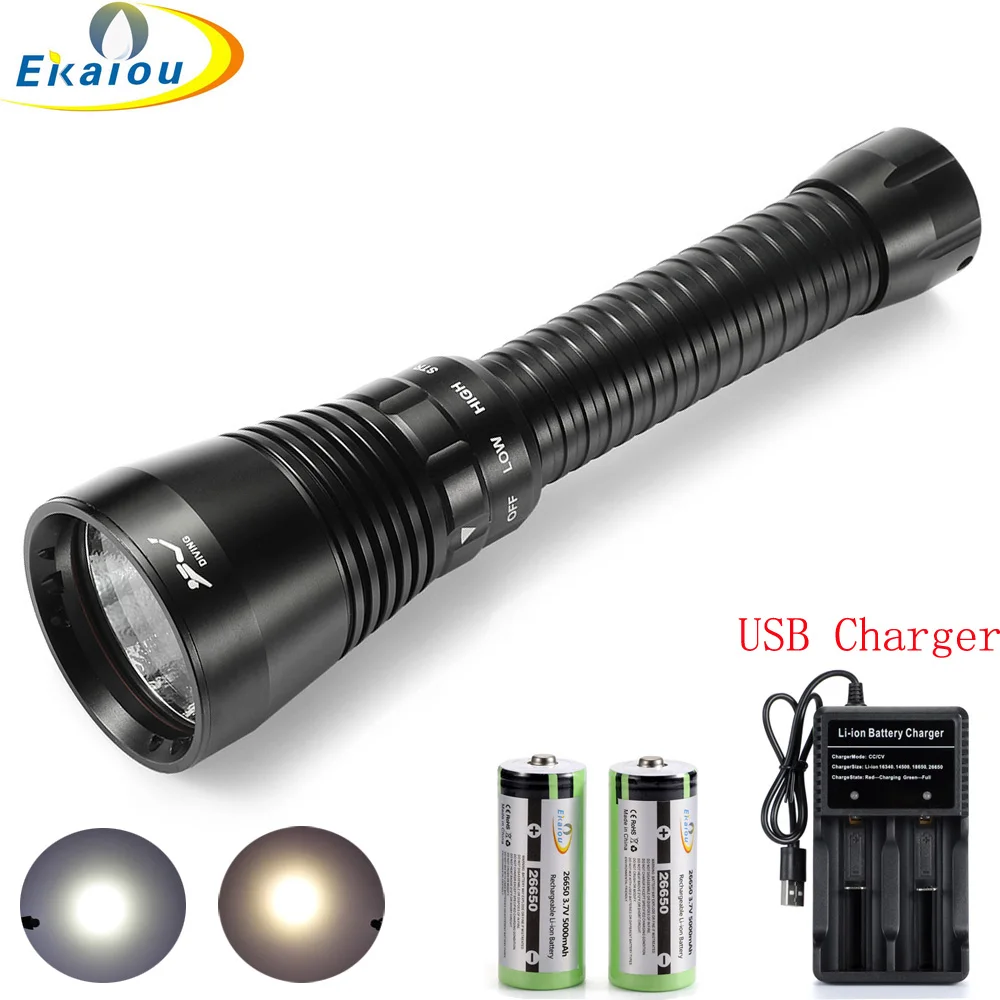 

Professional Diving LED Flashlight Waterproof Scuba Lamp XHP70.2 High lumen Underwater Dive Torch & 26650 battery USB charger