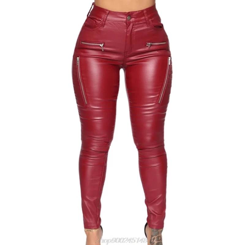 

Women Sexy Faux Leather Stretch Skinny Pants Mid Rise Solid Color Leggings Fake Detail Tight Trousers Pocket M25 21 Dropship