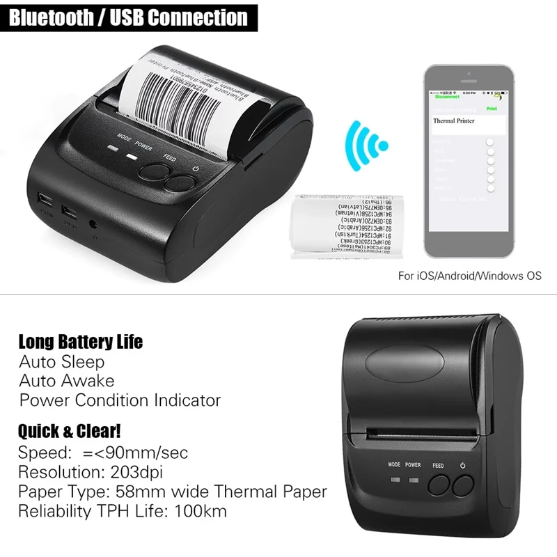 5802DD Mini Portable Bluetooth USB Thermal Printer