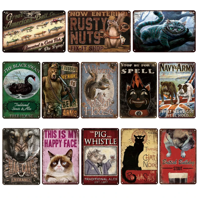 

Rustic Style Cat Dog Metal Wall Art Tin Sign Vintage Animal Poster Plaque Pub Club Bedroom Cafeteria Farmhouse Living Room Decor