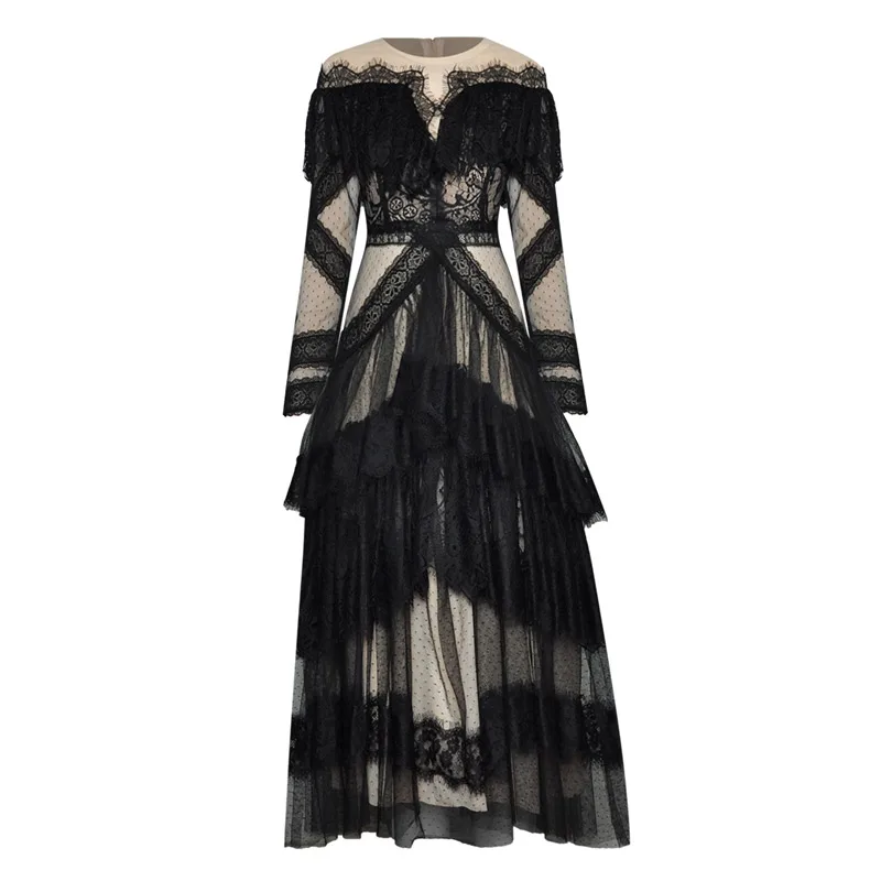 

Отвесные сексуальные прозрачные открытые сетки лоскутное черное кружевное Элегантное Длинное Платье макси с круглым вырезом ботильоны Дл...