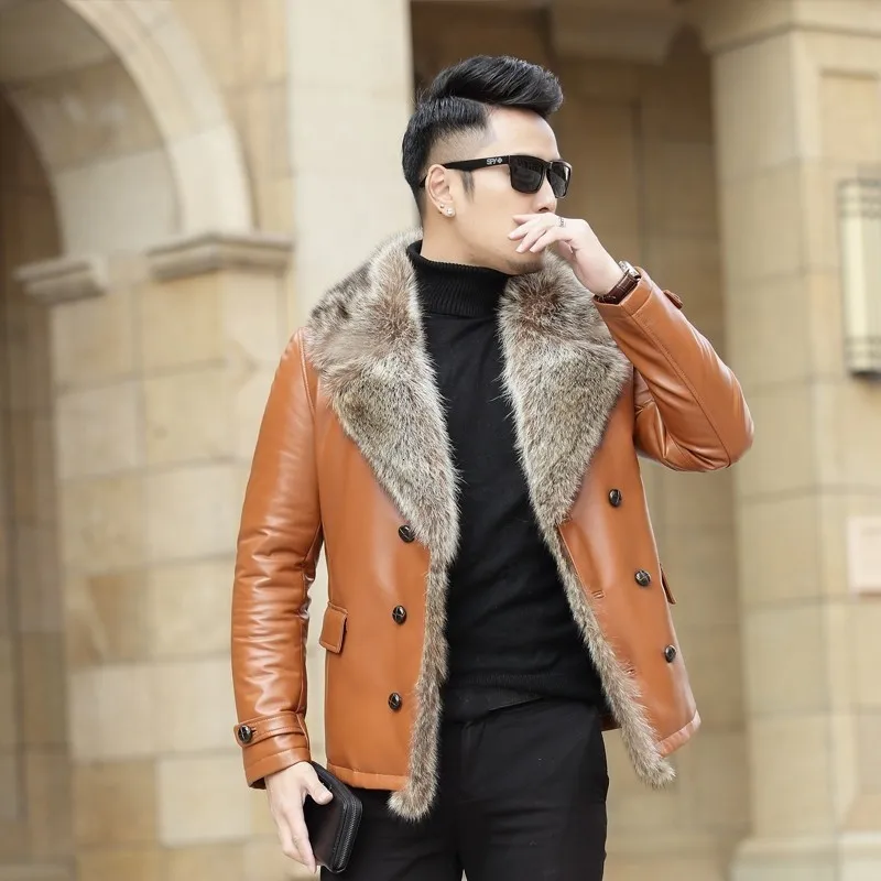 Роскошные мужские Куртки из натуральной овечьей кожи с меховым воротником