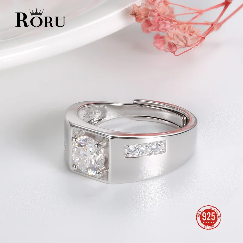 

Genuine 925 Sterling Silver Moissanite Ring for Men's Luxury Open Adjustable Ring with Diamond Wedding Jewelry Finger Ring