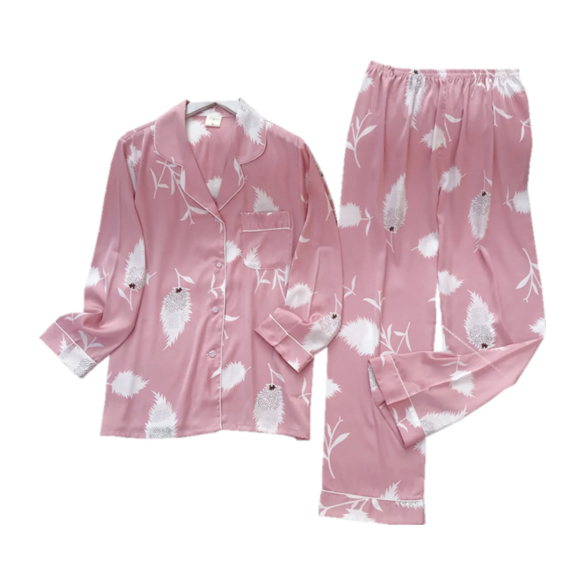 

Casual Pajamas Suit For Women 2PCS Sleepwear Satin Shirt&Pants Nightwear Kimono Bathrobe Gown Silky Print Sleep Set Nightgown