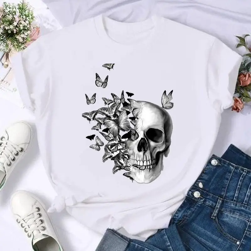 

Butterfly Skull Print T Shirt Fashion Summer Women Funny 90s Female Tshirts Cartoon Graphic Tee T-Shirt Short Sleeve Casual Top