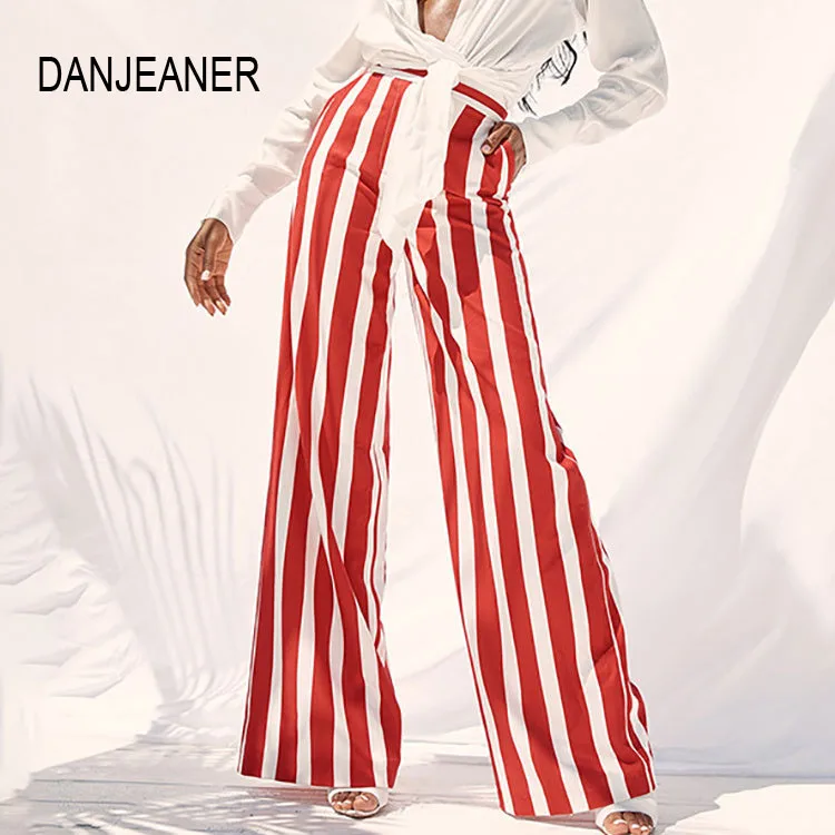 

DANJEANER Striped Lady Wide Leg Pants Women Summer Beach High Waist Trousers Chic Streetwear Casual Pants Loose Long Pants