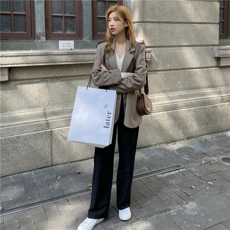 

Solid color Loose double-row buckle Suit jacket Women Blazer Suits check Long Sleeve Cotton Jacket Casual vintage Coat 70H