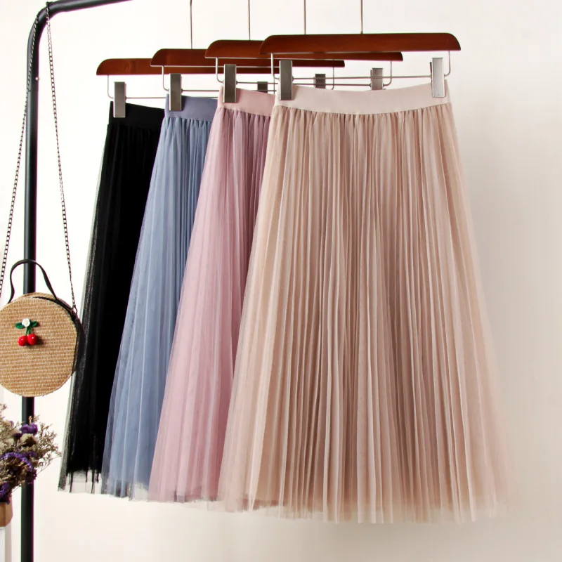 

Tulle Skirts Womens Pleated Skirt Black Pink Tulle Skirt Women Spring Summer Korean Elastic High Waist Mesh Tutu Skirt