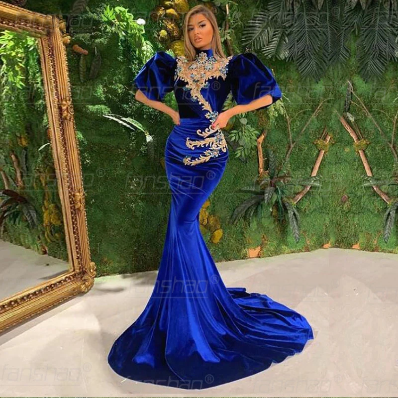 Fanshao ярко синие вечерние платья с золотистой отделкой украшением в виде