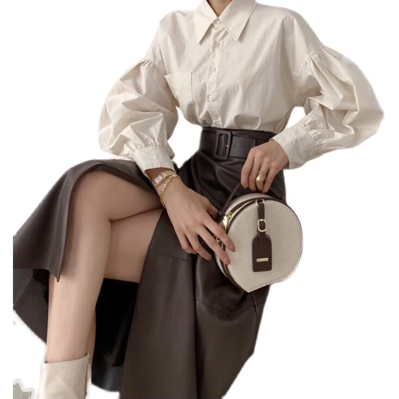 

2021 Spring Korean Style Fashion Puff Sleeve Casual Chic Shirt High Waist Split Leather Skirt Two Pieces Skirt Set Outfits