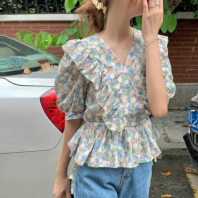 

Летняя тонкая популярная женская блузка Hzirip 2021 с оборками и расклешенными рукавами с цветочным узором, нежная шикарная модная Элегантная к...