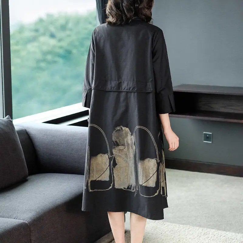 

Large size summer Women's Dress Turn-down Collar Wrist sleeve A-Line Women's Dress printing elegant fashion Ladies skirt SS3293