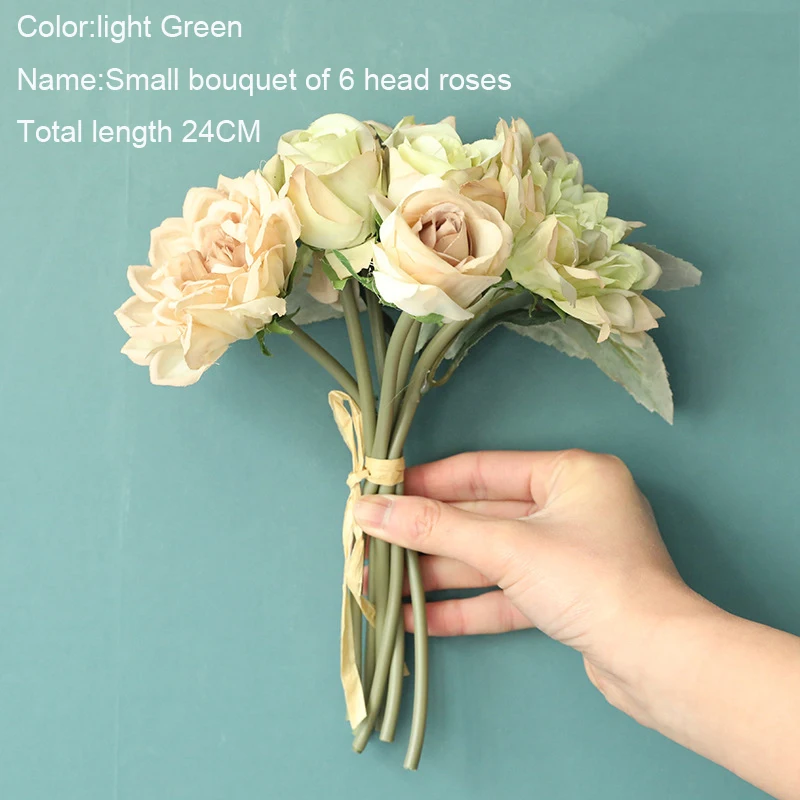 

10Pcs/lot 6 Heads Rose Bunch Artificial Flowers Decoration Home Table Fake Flowers Roses Wedding Bouquet Bride Hand Hold Floral