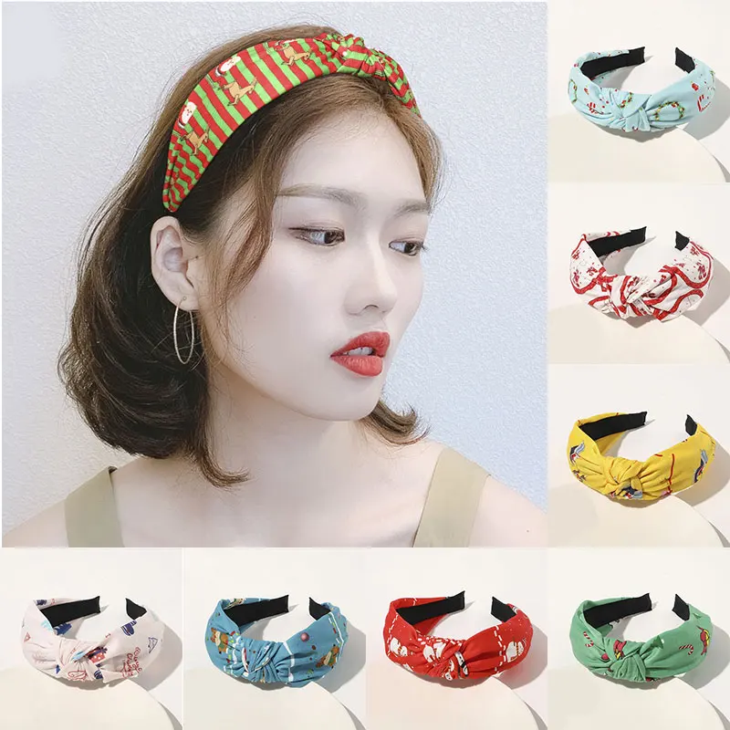 

Wide-Brimmed Hair Hoop Colorful Female Hair Accessories Santa Elk Print Christmas Knotted Headband Cross Knotted Head Hoop