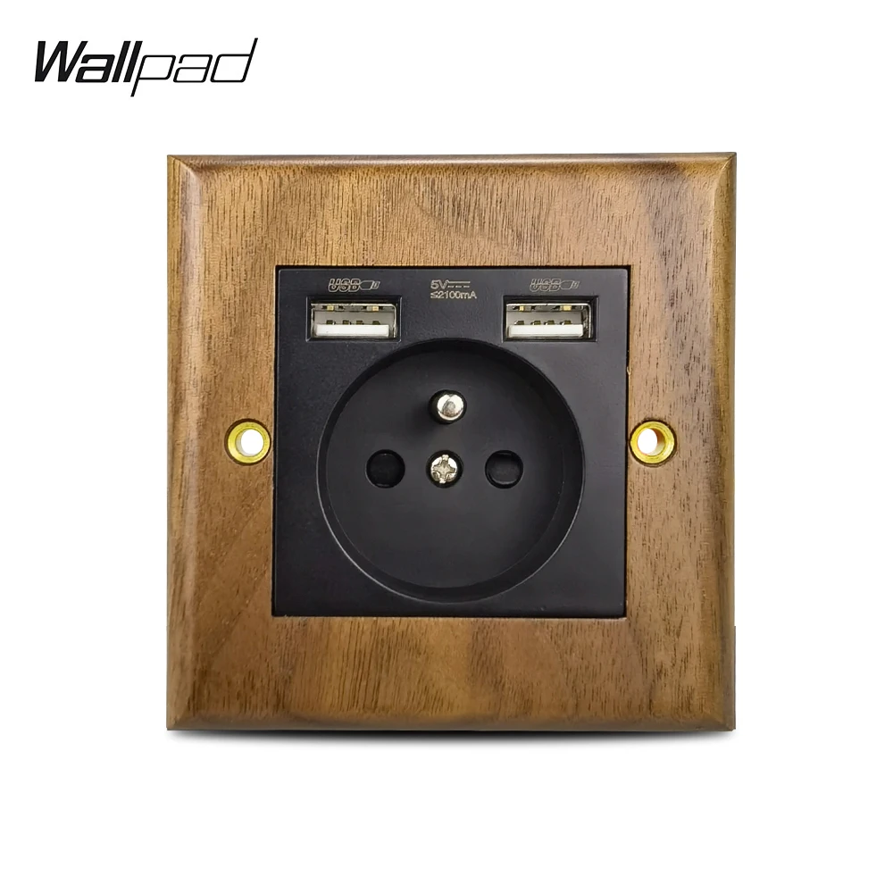 

Wood USB French Socket Wallpad WALNUT Wood frame 16A EU Belgium Poland Wall Power Outlet with 2 USB Charging Ports 110V-240V AC