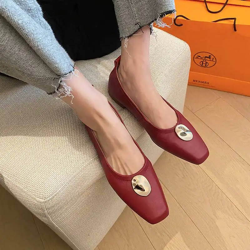 

Krazing Pot genuine leather square toe low heels young lady metal fasteners handmade convenient vintage slip on women flats L65