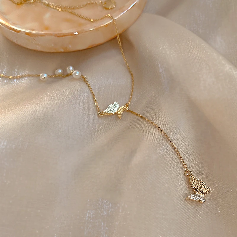 

New Fashion 14K Real Gold Butterfly Pearl Chain Pendant Necklace for Women Temperament High Quality Design Jewelry Ins Hot Gift