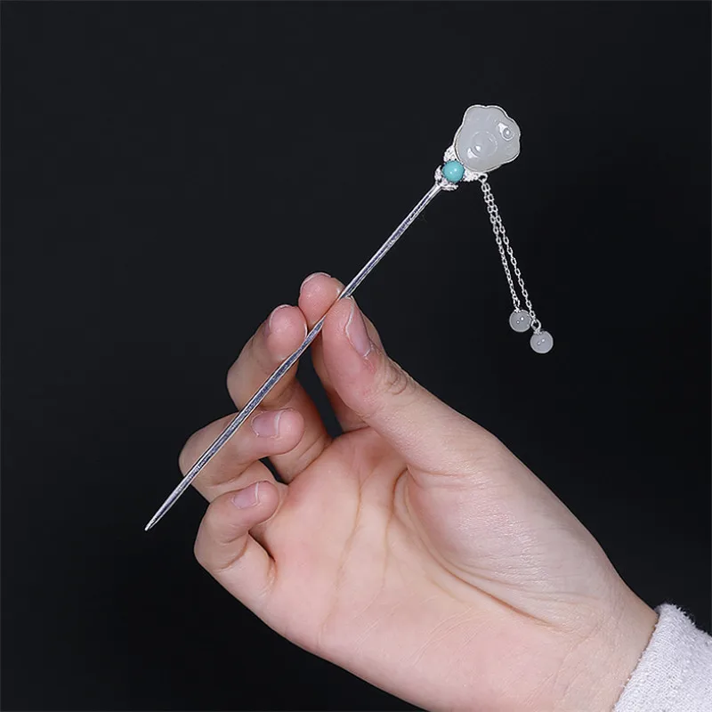 Uglyless Bohemia Turquoise Hair Sticks for Women Ethnic Natural Jade Clouds Forks Solid 925 Silver Jewelry Eastern Tassels | Украшения и