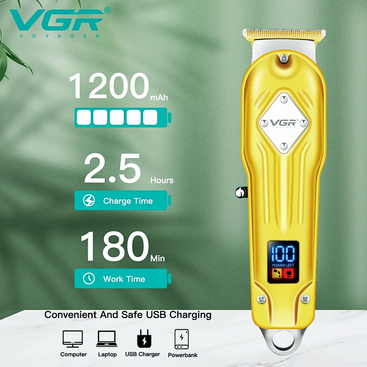 VGR Metal Hair Cutting Machine Electric Hair Clipper Professional Hair Trimmer For Men USB Charging Barber Digital Display V-261 enlarge