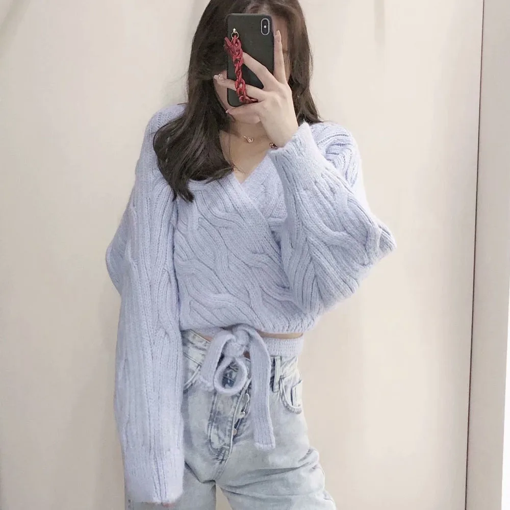

New Arrivals Sweater Pullover Women V-neck Long Sleeve Loose Striped Winter Knitted Ladies Women Clothing